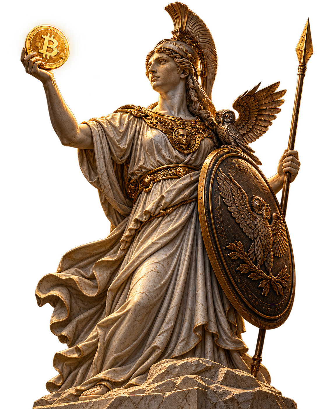 Athena holding Bitcoin, spear and owl